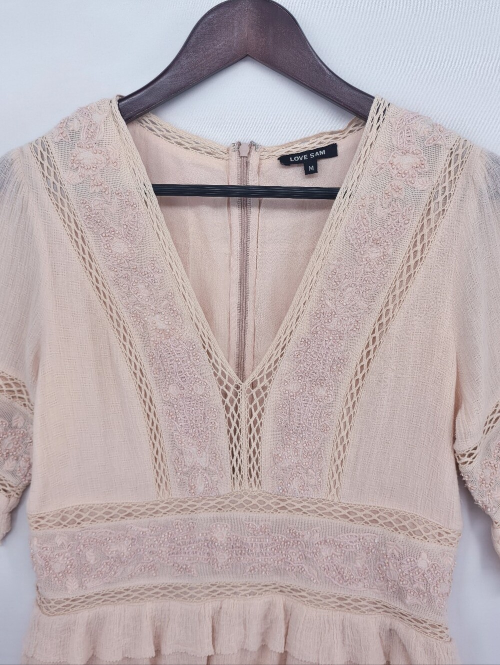 Love Sam Beaded Embroidered Boho Mini Dress Blush Lace Tiered Ruffle M - Picture 5 of 16